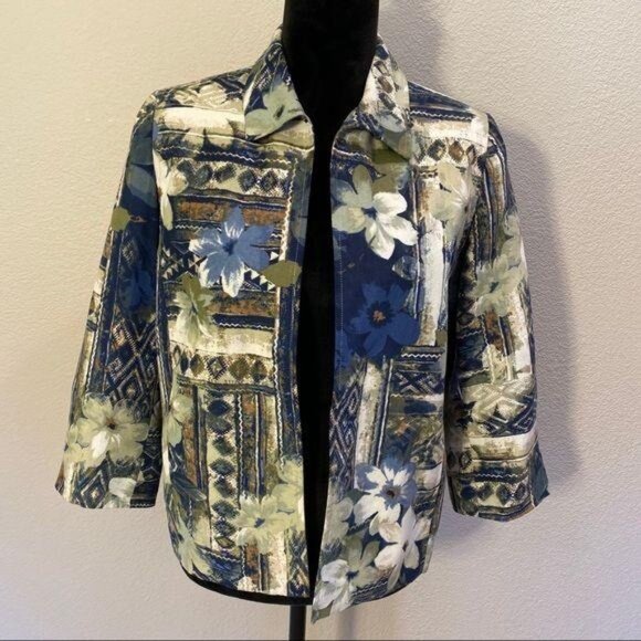 Alfred Dunner open jacket Size 10P Button Up Floral Print Blue - Picture 1 of 8